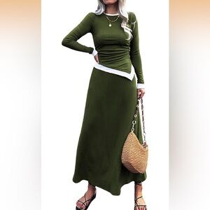 Mieazom Olive Green Shirt and Women's Long Maxi Skirt Set Size L NWT